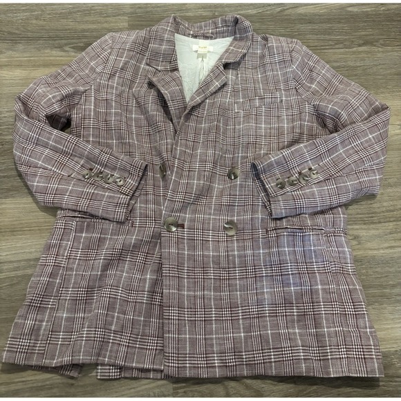 Anthropologie Jackets & Blazers - Anthropologie Maeve Jacket Size 10 Plaid Linen Blend Double Breasted Blazer Red